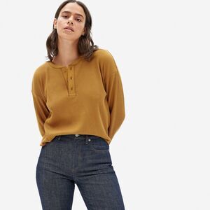 Everlane Women’s Organic Cotton Waffle Henley Long Sleeve Top Orange Brown S